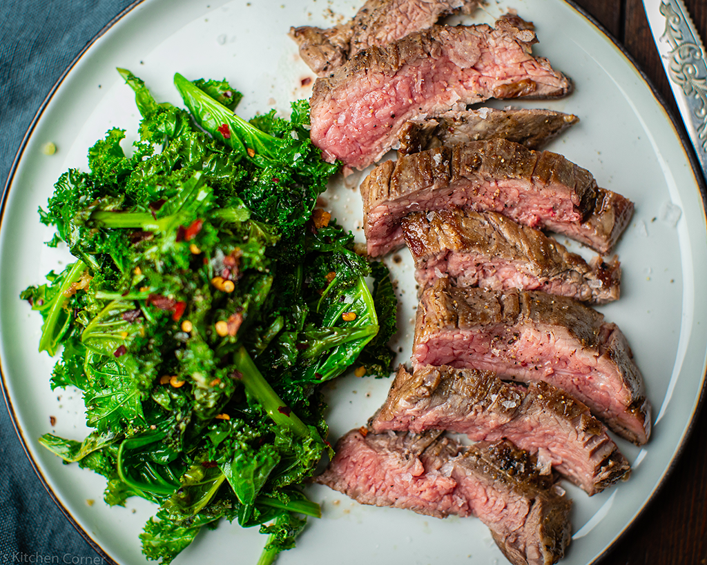 Bavette Steak With Garlic And Chilli Kale • Lous Kitchen Corner 