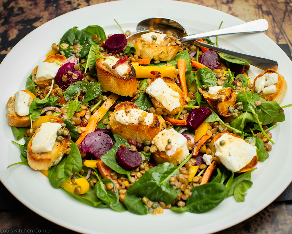 Beetroot, green lentil and spinach salad with bacon lardons and goat’s