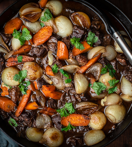 Slow-cooked braised brisket in red wine